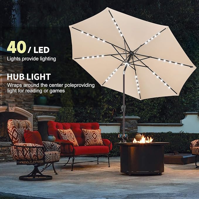 11FT Solar Umbrella Outdoor - Lighted Solar Patio Umbrella with 40 LED Lights Waterproof UV Protection, Table Umbrella with Tilt for Pool, Porch, Garden, Deck, Backyard - Beige
