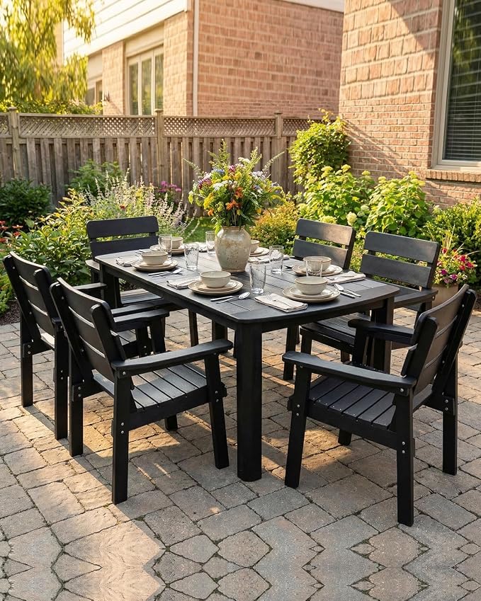 7-Piece Outdoor Dining Set, All-Weather HIPS Patio Table & Chairs for 6, Outdoor Furniture with Umbrella Hole, Ideal for Garden, Poolside, Backyard, Deck, Black