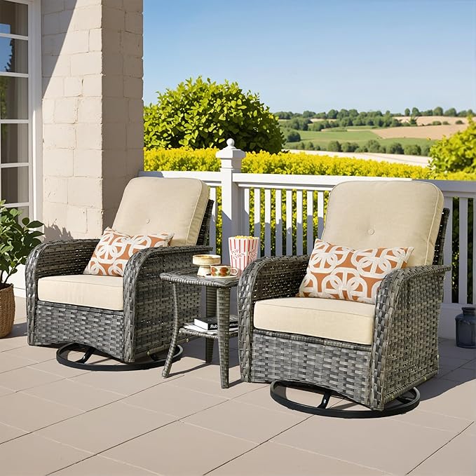 3 Pieces Outdoor Patio Furniture Set, Outdoor Wicker Rocking Patio Chairs Set of 2 with Coffee Table, All Weather Rattan Front Porch Chairs for Backyard, Garden, Poolside, Beige
