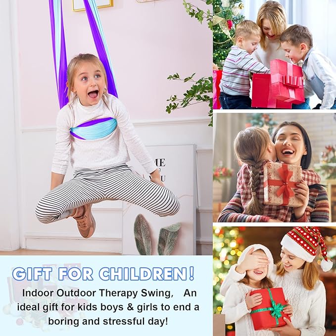 Therapy Swing Hammock Kids Cuddle Sensory Swing Indoor Therapeutic Hammock 360° Rotating Double Layer Elastic Rocking Cloth Swing Gifts for Children with ADHD SPD Asperger Autism (Purple+Sky Blue)
