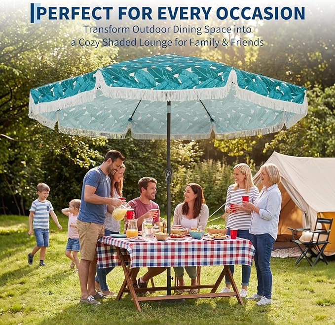 Garvee 10FT Fringe Patio Umbrella with Crank Handle, Push Button Tilt for Sun Shade, 8 Fiberglass Ribs, 1.5"D Premium Steel Pole, Outdoor Large Tassel Umbrella for Patio Beach Pool Backyard, 10' Leaf