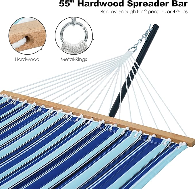 2 Person Hammock with Stand for Outside, Heavy Duty Steel Stand, Double 55inch Hammocks, Large Removable Pillow, Storage Bags, Max 475 lbs Capacity (Pacific Stripe Blue)