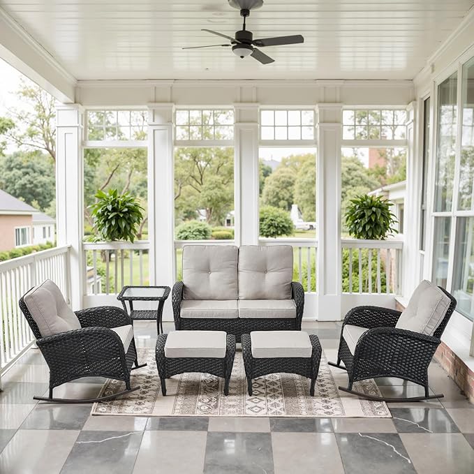 Belord 6 Pieces Outdoor Patio Furniture Set with Wicker Rocking Chairs, Rattan Patio Conversation Set with Glider Loveseat Ottomans and Side Table Black/Beige