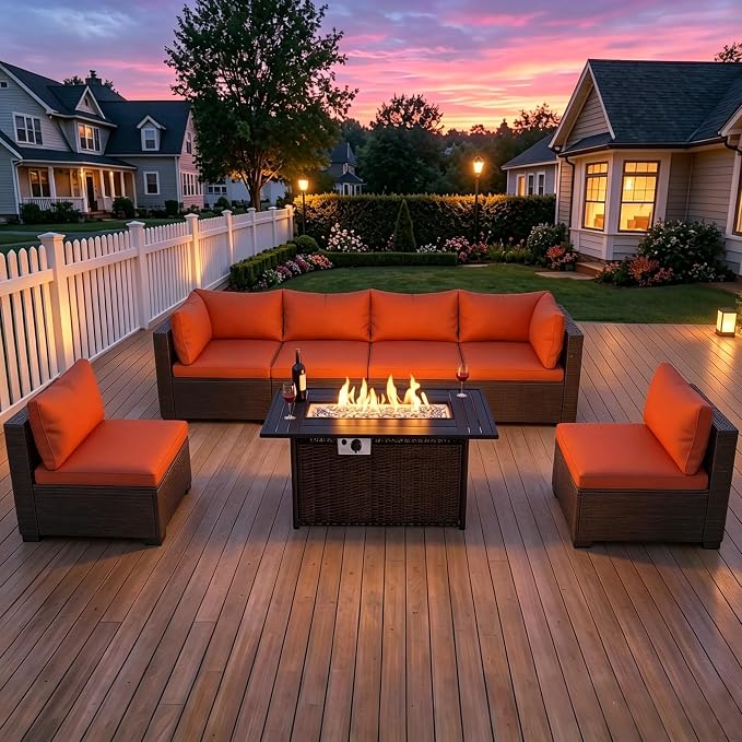 LEVELEVE 8-Piece Wicker Patio Conversation Set with 44" Propane Fire Pit Table, Cozy Outdoor Sectional Sofa for Backyard Gatherings, Poolside Lounging & Garden Parties