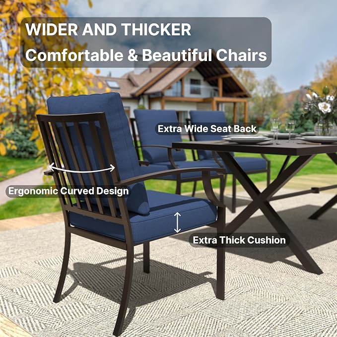 Gotland 9 Piece Outdoor Dining Set, Metal Outdoor Table and Swivel Chairs with X-Shaped Legs 1.5" Umbrella Hole, Patio Furniture Set with Waterproof Cushions, Patio Dining Sets for Backyard Deck Navy