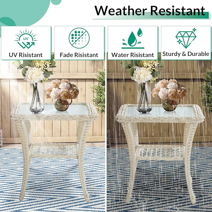 VIVIJASON Outdoor Wicker Side Table, All-Weather Rattan Patio Side Table Bistro Table with 2-Tier Storage, Tempered Glass Top Square End Table for Indoor, Balcony, Garden, Porch, Deck, Cream White