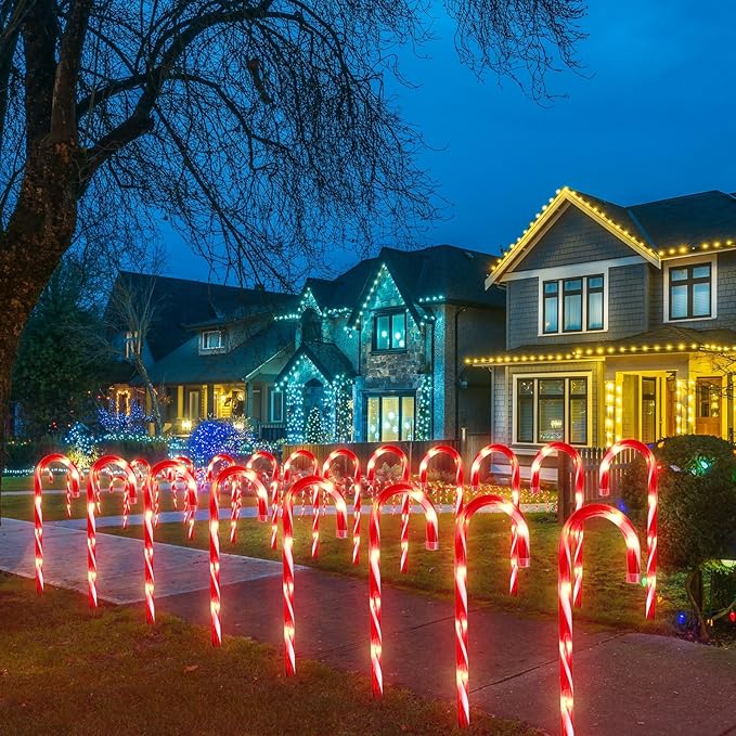 12Pack Christmas Decorations Candy Cane Lights,16" Lighted Pathway Makers Lights with 72 Warm Lights, Connectable Christmas Lights Outdoor Walkway Sidewalk Candy Canes Yard Lawn Decor