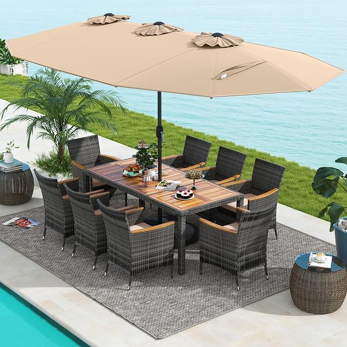 Tangkula 10 Pieces Patio Wicker Dining Set w/Double-Sided Patio Umbrella, Outdoor Acacia Wood Furniture Set w/ 8 Armchairs, 71” Dining Table & 15 ft Umbrella with Weighted Base (Coffee)