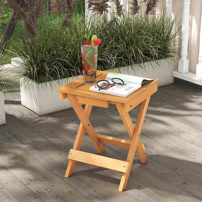 HAPPYGRILL Outdoor Folding Side Table Wood Square End Table with X-Shaped Legs, Slatted Tabletop, 14” Compact Outside Table, Portable & Lightweight Patio Coffee Table for Backyard Picnic Camping