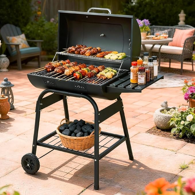 VINGLI Upgraded Barrel Charcoal Grill with 2 Sides Table, BBQ Grill Outdoor Smoker with Wheels for Party Garden Patio and Backyard Cooking 39''D × 24''W × 46''H (Upgraded Grill w/Side Table)