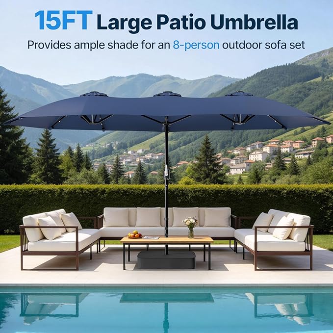 Suteck 15FT Patio Umbrella with Base & Solar Lights Included - Double-Sided Outdoor Large Umbrella with & Crank Handle, UV & Fade Resistant Canopy for Poolside, Backyard, Deck and Market, Dark Blue