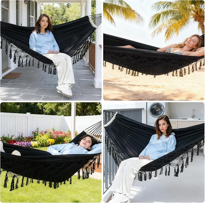 Portable Hammock, Hanging Hammock with Tassels and Fishtail Knitting, 320GSM Hanging Bed with Set Full Accessories for Outdoor Camping Patio Balcony Black