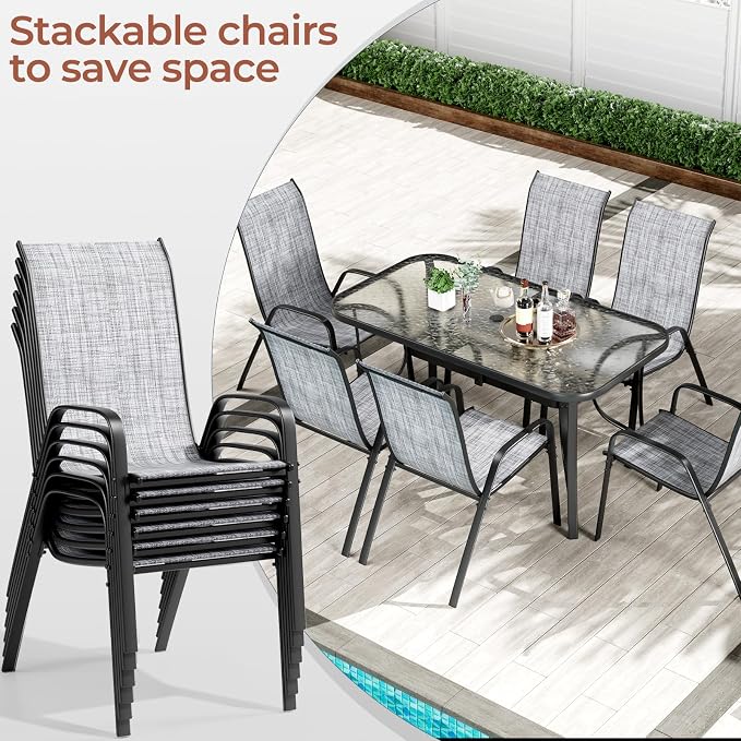 TLSUNNY 7 Pieces Patio Dining Set, Outdoor Table and Chairs W/1.69″ Umbrella Hole, 30"X 55" Table and Stackable Textilene Chair, All Weather Patio Furniture Set (Umbrella not Included) (Grey)