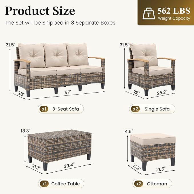 UDPATIO Patio Furniture Set, 6 Pieces Outdoor Wicker Conversation Set with 2 Ottomans & Storage Table for Lawn, Porch, Garden, Backyard, Khaki