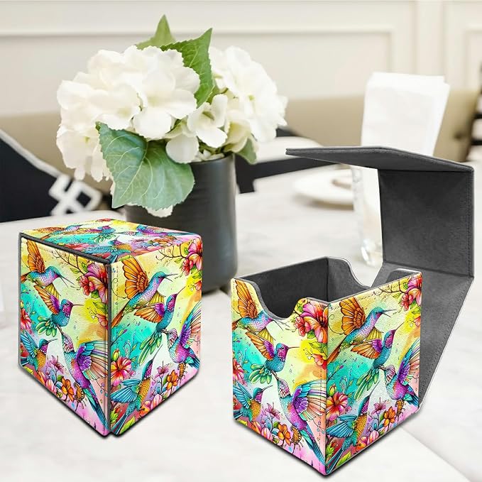Deck Box for MTG, Cards Storage Box Fits 120+ Sleeved, Leather Medium Size Strong Magnetic Closing Card Case for Board Games Magic TCG CCG Baseball Collection, Four Birds Flowers