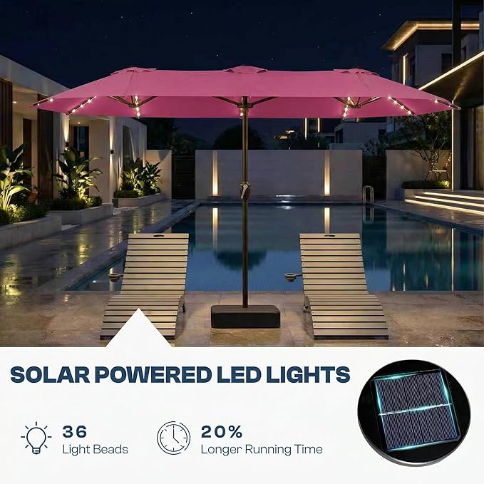 15FT Patio Umbrella with Solar Lights, Double-Sided Extra Large Outdoor Table Umbrella with Base Included, Heavy-Duty 12 Iron Ribs Market Umbrella for Garden, Pool, Backyard, Rose Pink
