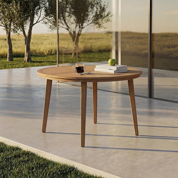 41" All-Aluminum Round Outdoor Dining Table, Modern Faux Wood Grain Patio Table with Umbrella Hole, Rust-Resistant Metal Dining Table for Garden, Backyard, Poolside & Lawn, Teak