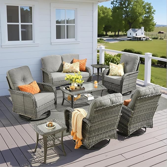 8 Pieces Outdoor Patio Furniture Set with Coffee Table, All Weather Wicker Patio Conversation Sets with Rocking Chairs, Balcony Furniture Sets for Backyard, Garden, Poolside, Dark Grey