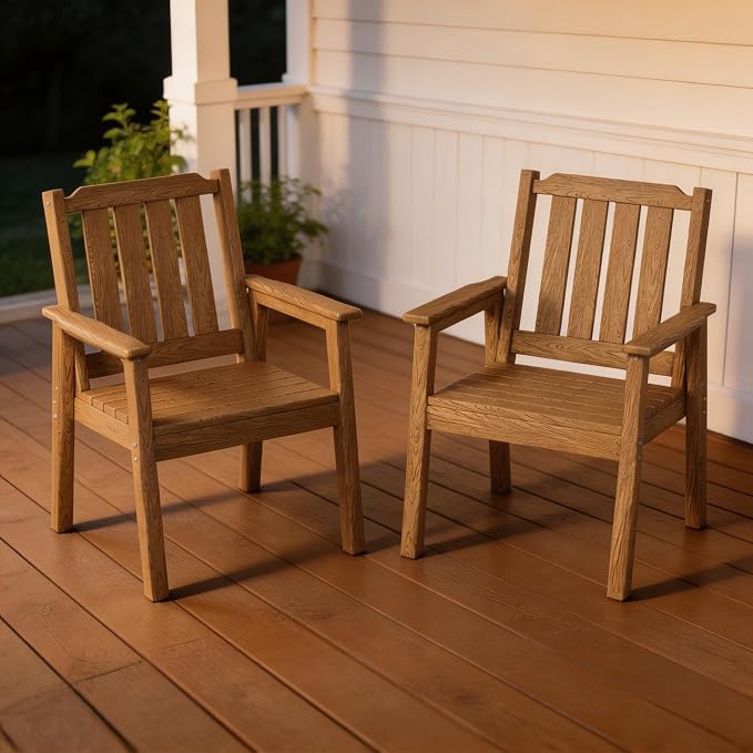 Outdoor Dining Chairs Set of 2, HDPE Patio Chairs 650LBS Capacity All-Weather Yard Armchair with Slatted Seat, 23.9" Wide Heavy Duty Modern Backyard Furniture for Garden, Poolside, Deck (Natural)