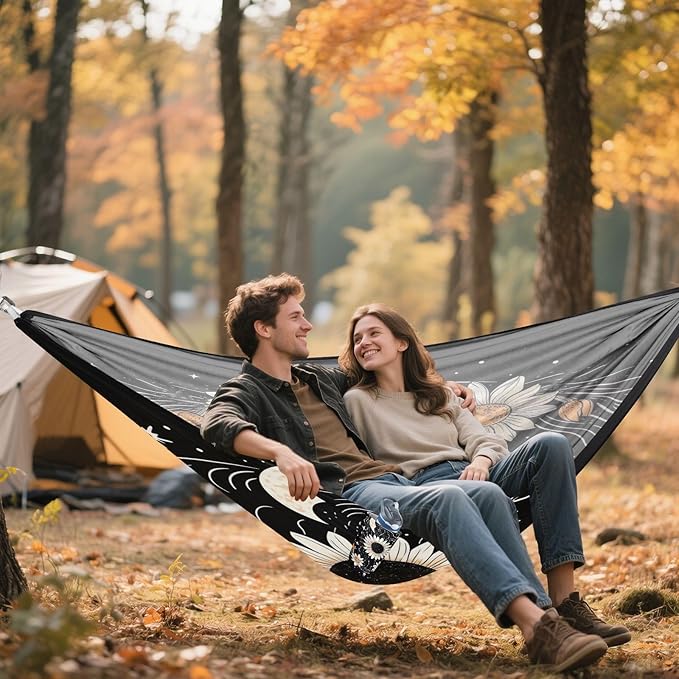 Qilmy White Sun Flower Camping Hammock Single – 330 lbs Capacity, Lightweight with Tree Straps & Carabiners, Portable for Hiking, Travel, Backpacking