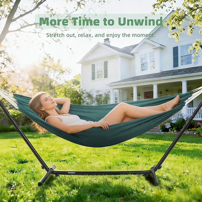 EchoSmile Double Hammock with Detachable Stand - 480 lbs Heavy Duty 2 Person Adjustable Hooks Indoor Outdoor Stand Hammock Durable Steel Frame, Green