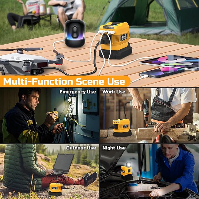220W Power Inverter Compatible with Dewalt 20V Battery, DC 20V to AC 110V Inverter, Portable Power Station Generator with 1 AC Outlet, 2 USB Ports & 1 Type-C Fast Charging, 400LM LED Work Light