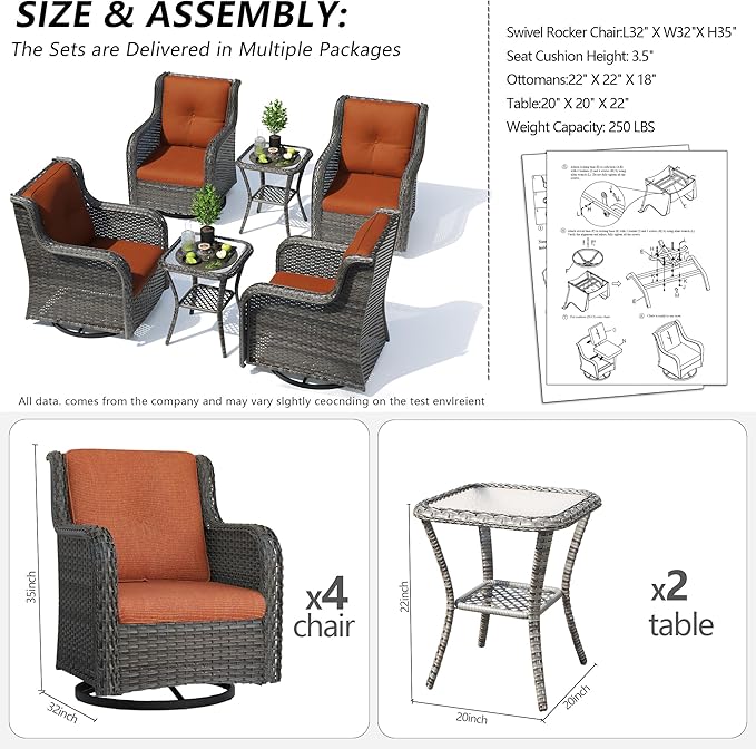 Outdoor Swivel Rocker Patio Chairs Set of 4 with 2 Matching Side Tables - 6 Pieces Patio Wicker Conversation Set with Premium & Soft Fabric Cushions(Mixed Grey/Orange