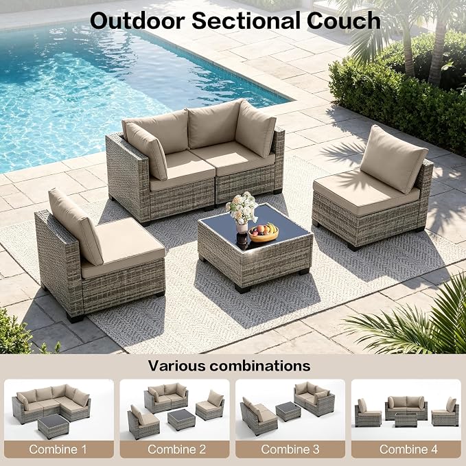 5-Piece Outdoor Patio Furniture Set, Gray PE Rattan Sectional Sofa with Dark Khaki Cushions and Steel Frame, Coffee Table Included, Modular Outdoor Conversation Set for Patio Garden Poolside