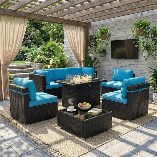 LayinSun 8 Piece Patio Furniture Set with 44" Propane Gas Fire Pit Table, Outdoor Sectional Conversation Set Wicker Rattan Sofa Set with Coffee Table