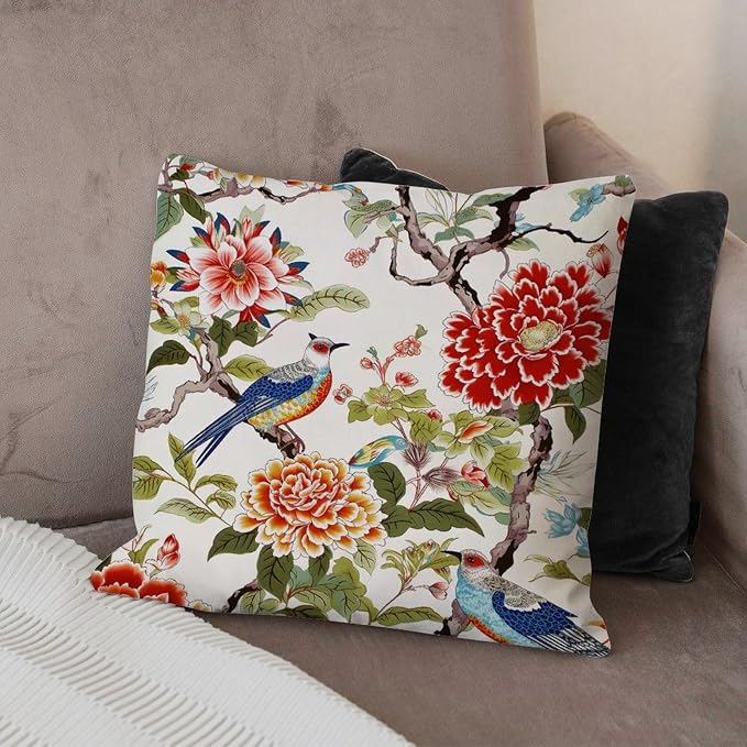Chinoiserie Tree Peony Bird Cushion Cases Floral Coral Turquoise Pillowcase 26x26 INModern Accent Modern Decorative Pillow Covers for Patio Couch Bench