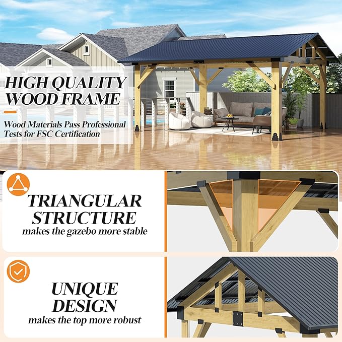 COVERONICS 13’x15’ Outdoor Hardtop Wood Gazebo - Patio Gazebo with Galvanized Steel Roof, Cedar Wooden Carport Gazebos for Garden, Porch, Patio and Deck