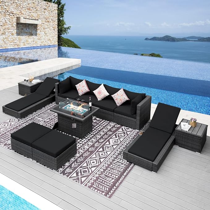 NICESOUL 11 Piece Sectional Outdoor Set with Chaise Lounge, Extra Large Backyard Seating with Firepit, 29.3'' Highback Patio Couch Sofa, Heavy Duty All-Weather Wicker Furniture for Deck, Grey & Black