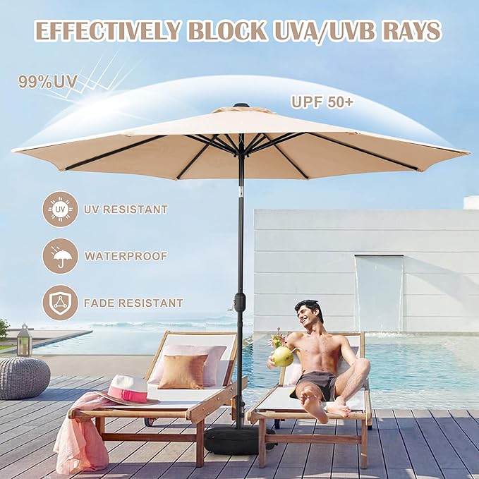 Sundale Outdoor 11 ft Patio Umbrella with Sand Bag Umbrella Base Included, Outdoor Umbrella with Tilt and Crank, Tan