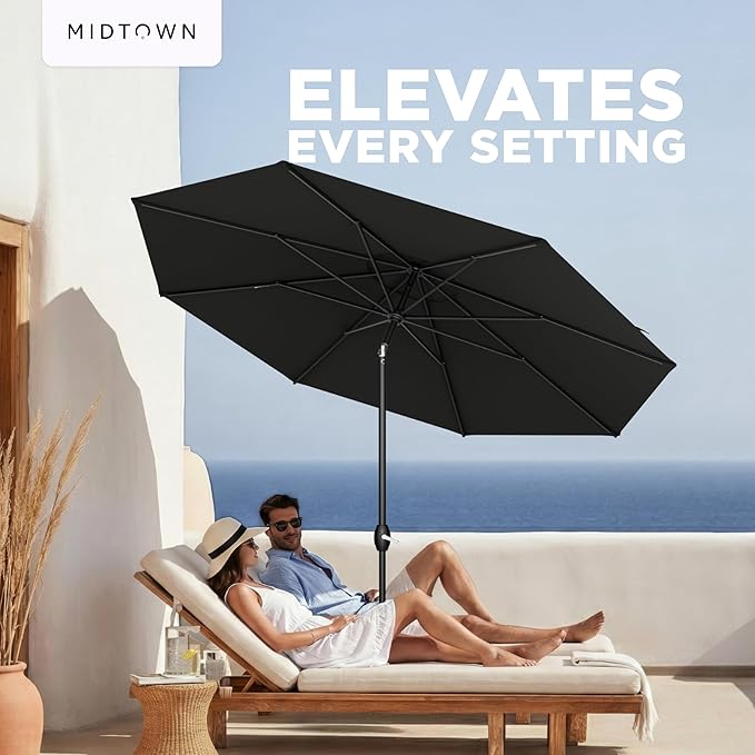 Midtown Umbrellas - The Lean 8 Ft Patio Umbrella with Acrylast Acrylic Fabric, Auto-Tilt Aluminum Frame & 8 Sturdy Ribs - Outdoor Umbrella for Deck, Pool, Hotel & Cafes - Eclipse Canopy, Black Pole