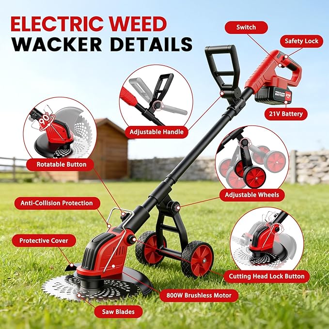 Electric Weed Wacker with Wheels, 12-Inch 2x3.0Ah 21V Battery Powered Weed Eater, Cordless Lawn Mower with 4 Types Blades, 800W Brushless Brush Cutter, 20000RPM Grass Trimmer for Garden Yard