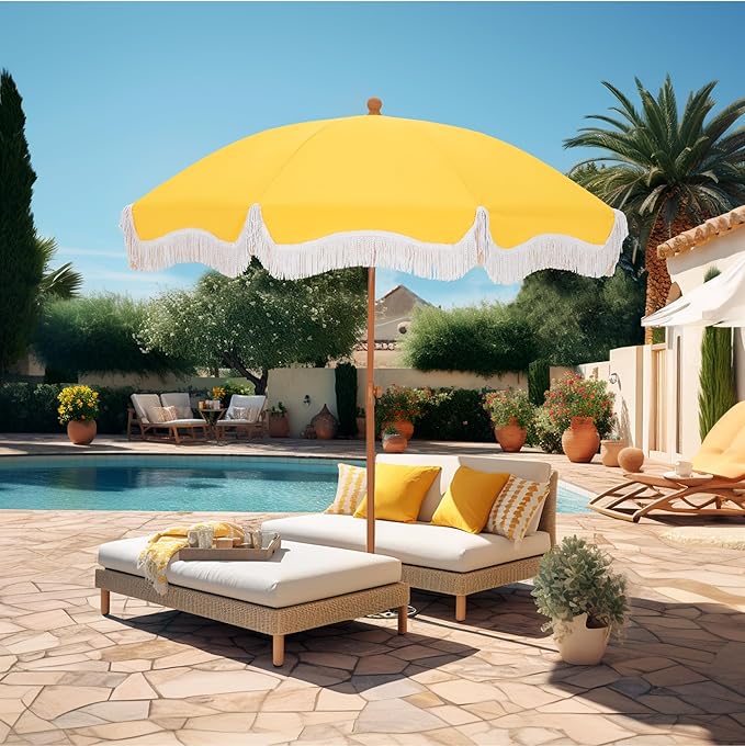 HERA'S PALACE 7ft Heavy Duty Beach Umbrella with Sand Anchor, Fringe Umbrella for Sand, UV 50+, Patio Umbrella with Tilt Pole for Garden Pool Backyard