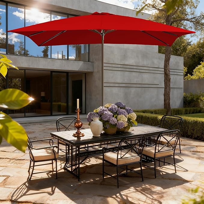 8x10FT Rectangular Patio Umbrella with Crank Lift for Garden,UV Protection Outdoor Umbrella for Deck,Pool and Yard,Red