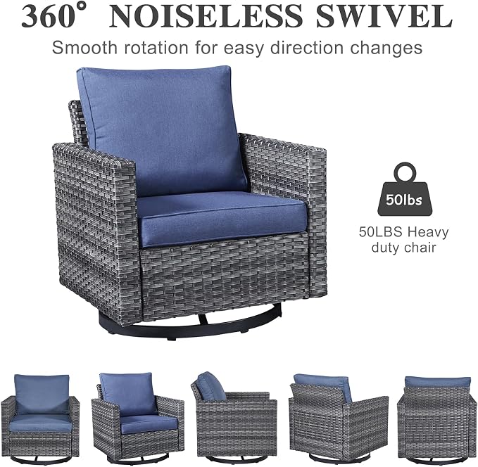 Belord 7 Piece Outdoor Furniture Patio Wicker Sofa Set, Oversize Outdoor Swivel Rocker Chairs with Rattan Ottomans, Conversation Sets Patio Furniture Come with Removable Washable Cushion Blue