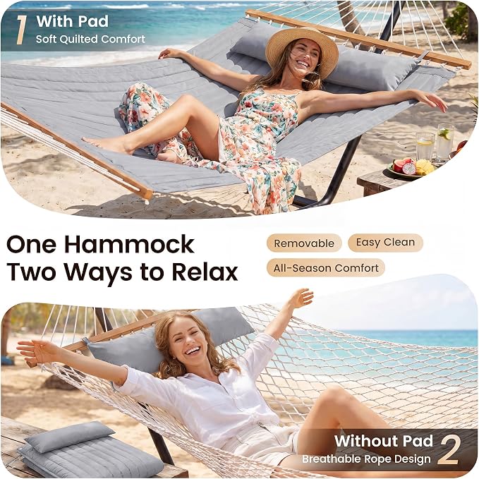 Everyfun 2 Person Hammock with Stand, Heavy Duty Double Cotton Rope Hammock with Removable Quilted Pad & Pillow, 500 LBS Adjustable Steel Frame, Tool-Free, Carry Bag for Outside Patio Yard, Urban-Gray
