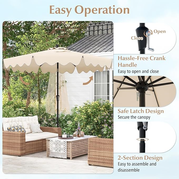 Tangkula 9Ft Patio Umbrella with Crank, 2-Tier Outdoor Umbrella with Push Button Tilt, Sun-Protective Canopy, 8 Ribs, Scalloped Patio Umbrella for Outdoor Beach Deck Pool Table (Beige)