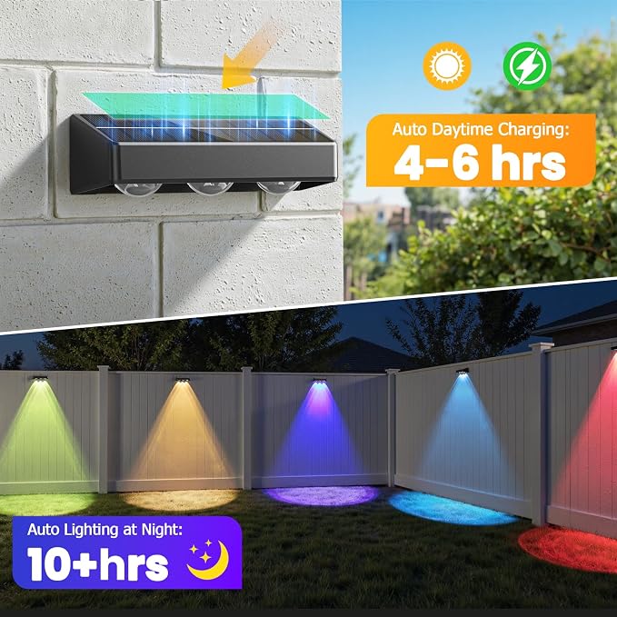 Solar Fence Lights,8 Pack Solars Deck Light,RGB Color,Outdoor Bulb Waterproof Led IP65,Power Patio Lamp with Lenses for Outside/Backyard/Railing/Yard(Black)