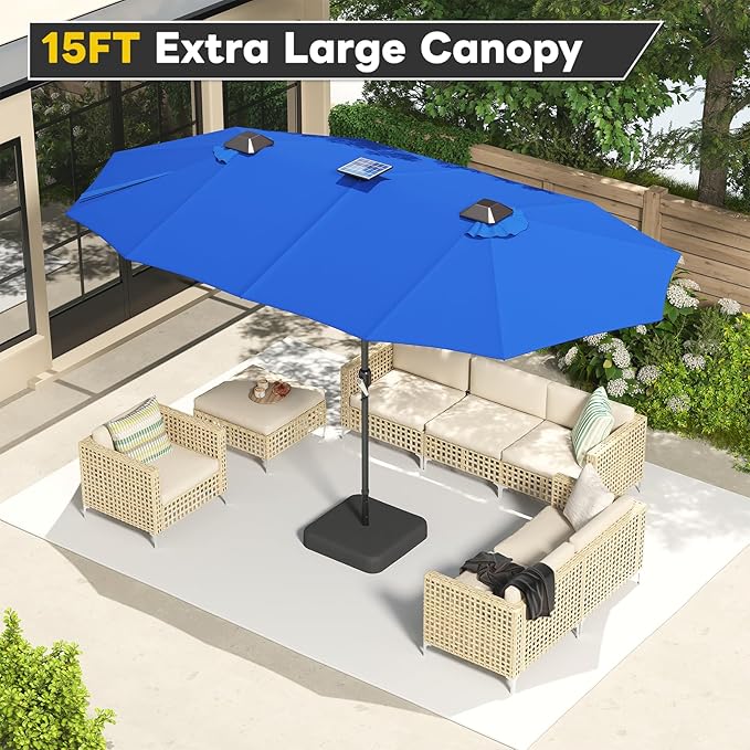 AECOJOY 15ft Double-Sided Patio Umbrella with Solar Lights, Outdoor Rectangle Market Large Patio Umbrella with Base Include|Crank Handle|156 PCS LED Lights for Garden Pool in Dark Blue(1.9" Pole)