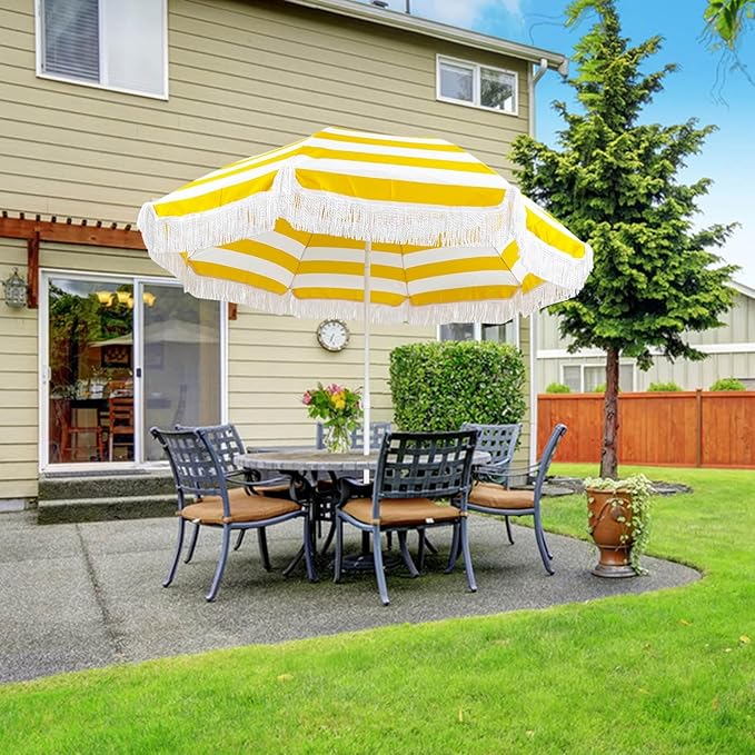 Outdoor Patio Umbrella With Fringe - Holiday Beach Yellow And White Striped Portable Tassel 5.9ft Table UV50+ Protection Sun Shade Garden Waterproof/8 Ribs