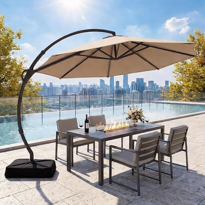 LAUSAINT HOME 11ft Patio Cantilever Umbrella with Base Included, Outdoor Curvy Round Offset Umbrella, Heavy Duty Aluminum, 360° Rotation for Pool, Deck, Lawn, Backyard (Beige)