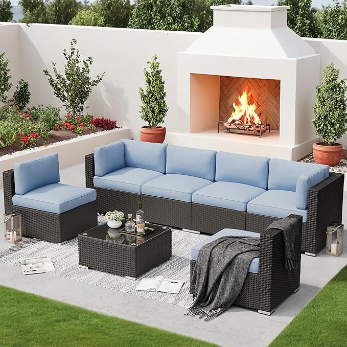 SUNCROWN 7-Piece Outdoor Patio Furniture Sofa Set All-Weather Wicker Sectional Conversation Set with Modern Glass Coffee Table and Cushions（Light Blue）