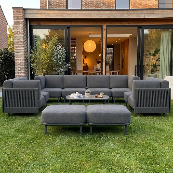 LayinSun 11 Pieces Patio Furniture Set with Coffee Table, Modern Outdoor Modular Sectional Conversation Set L-Shaped Sofa with 7-inch Cushion for Garden Backyard Deck