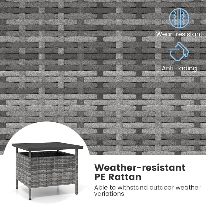 HAPPYGRILL Patio Umbrella Table Stand, Rattan Outdoor Side Table with Umbrella Hole, PE Wicker Frame, for Patio Garden Deck Poolside