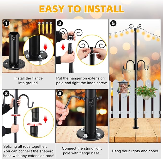 String Light Poles for Outside, 10FT Heavy Duty Outdoor String Light Pole Stand with Shepherd Hooks for Wood Deck Concrete Patio Garden Backyard Wedding Party Bird Feeder Lanterns Flower Basket 1PC