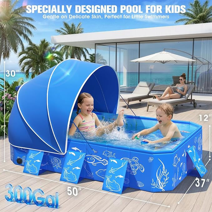 FizZeal Kiddie Pool with Canopy,Baby Swimming Pool for Toddler,Non-Inflatable Portable Pool for Kid,Foldable Toddler Pool with Shade,Kids Pool for Backyard.Outdoor Pop Up Kiddie Beach Pool 50"x37"x30'