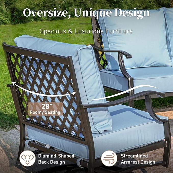 7 Piece Metal Outdoor Patio Furniture Set, Patio Conversation Sets 3-seater Sofa, 2 Rocking Chair, 2 Ottomans with 5.75" Thick Cushion, Black All-weather Frame Backyard Furniture, Blue